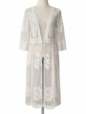 Boho White Lace Kimono Embroidered CoverUp Indie Fairy Coachella Beach Cardigan